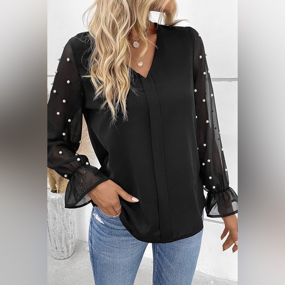 Black Pearl Mesh Flounce Sleeve V Neck Blouse - Picture 4 of 15